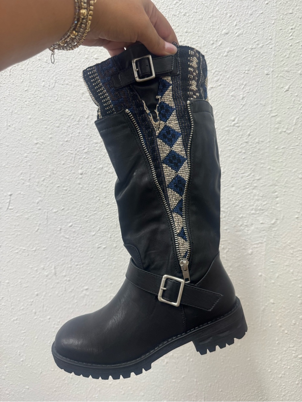 Black Women's Mid-Calf Buckle Boots with Blue Patterned Knit